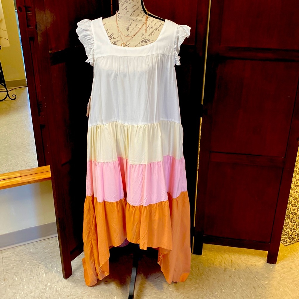 High low peaches and cream dress with square ruffle top